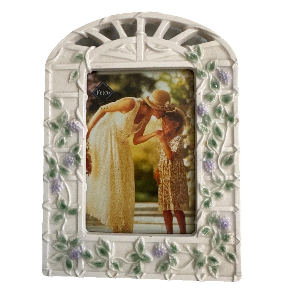 Fetco Ceramic Floral Painted Picture Frame‎ Vines Garden Purple Flowers 4.5 X3"